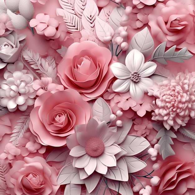 C'è una grande quantità di fiori di carta su uno sfondo rosa ai generativo