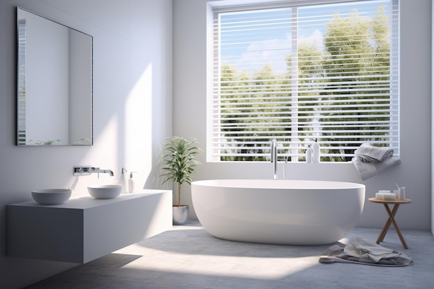 c'è una grande vasca da bagno bianca seduta in un bagno accanto a una finestra generativa ai