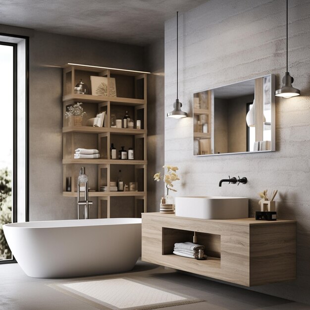 C'è una grande vasca da bagno in un bagno con una grande finestra ai