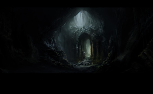 c'è una grotta buia con una luce all'estremità generativa ai