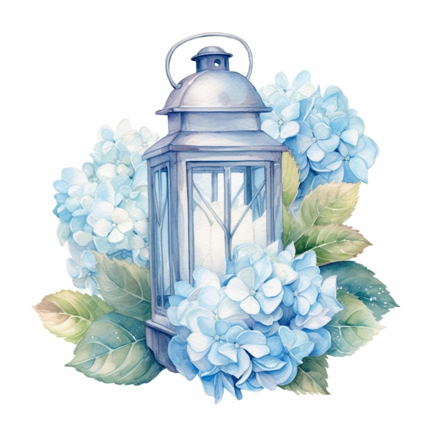 C'è una lanterna blu con fiori e foglie su di essa generativo ai