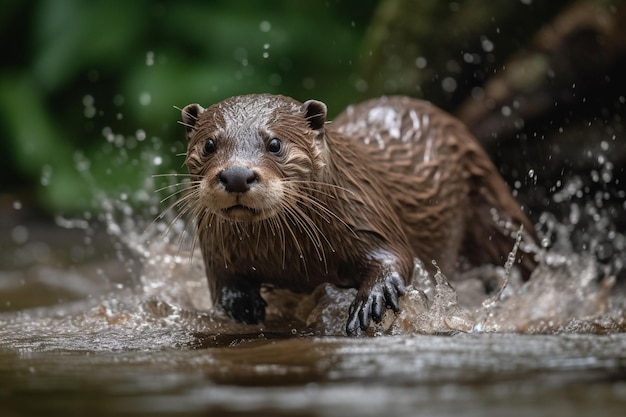 C'è una lontra bagnata che cammina nell'acqua generativa ai