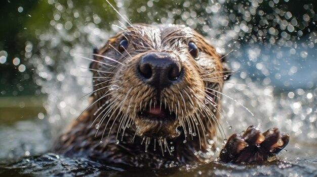 C'è una lontra bagnata che è in acqua con la bocca aperta generativo ai