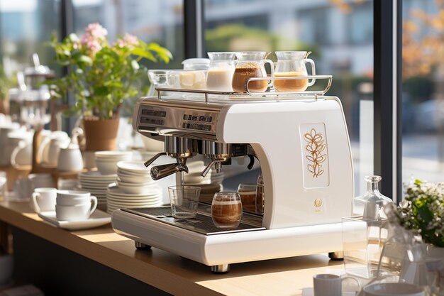 C'è una macchina da caffè seduta su un bancone in un ristorante generativo ai