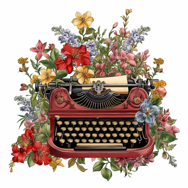 C'è una macchina da scrivere con dei fiori e un generatore di carta.