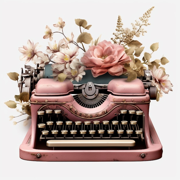 c'è una macchina da scrivere rosa con fiori sopra ai generativa