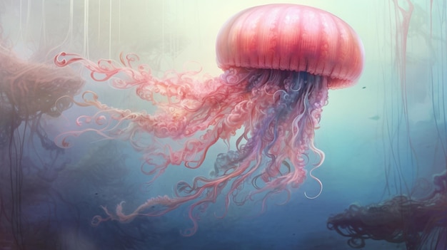 C'è una medusa che galleggia nell'acqua con un sacco di gelatine generative ai