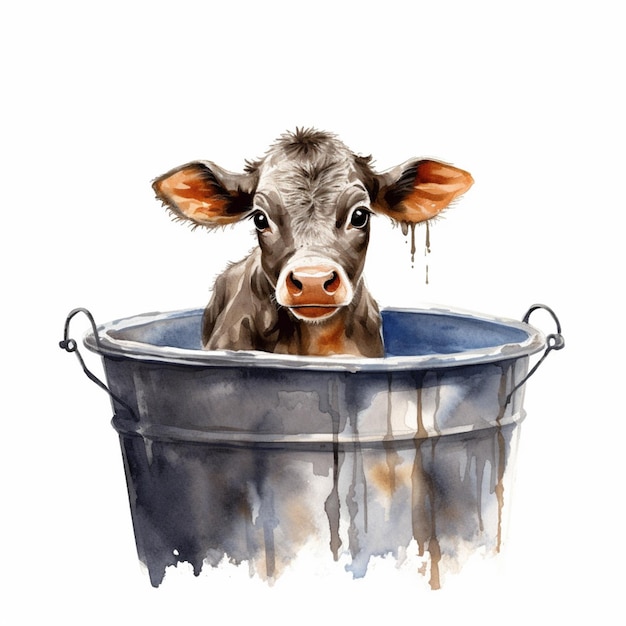 C'è una mucca che è seduta in un secchio con l'acqua generativa ai