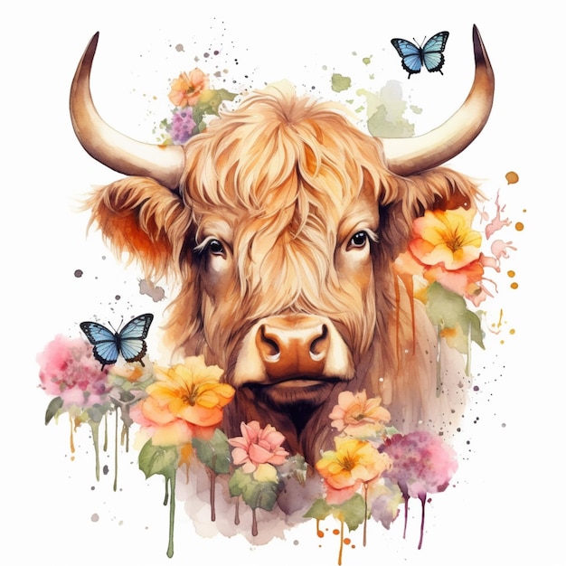 C'è una mucca con corna e fiori sulla testa generativa ai