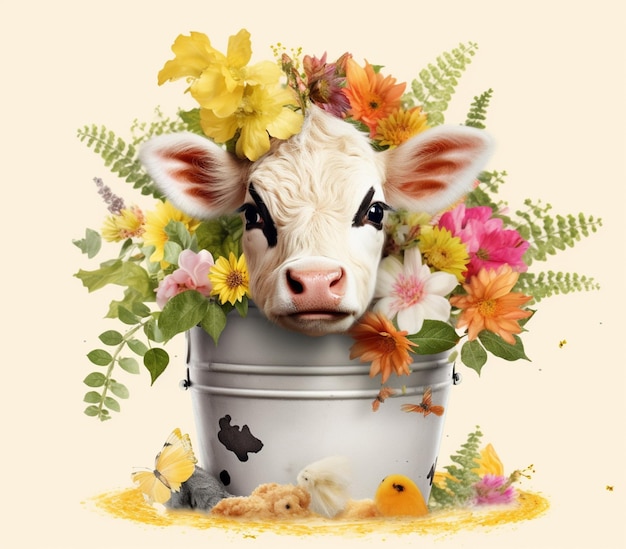 c'è una mucca con fiori in un secchio con galline ai generative