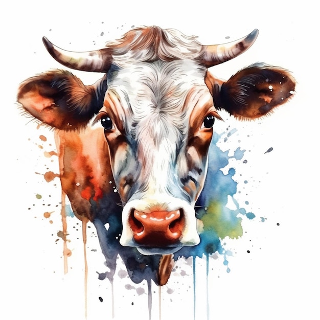 C'è una mucca con le corna e un naso dipinto in acquerello generativo ai
