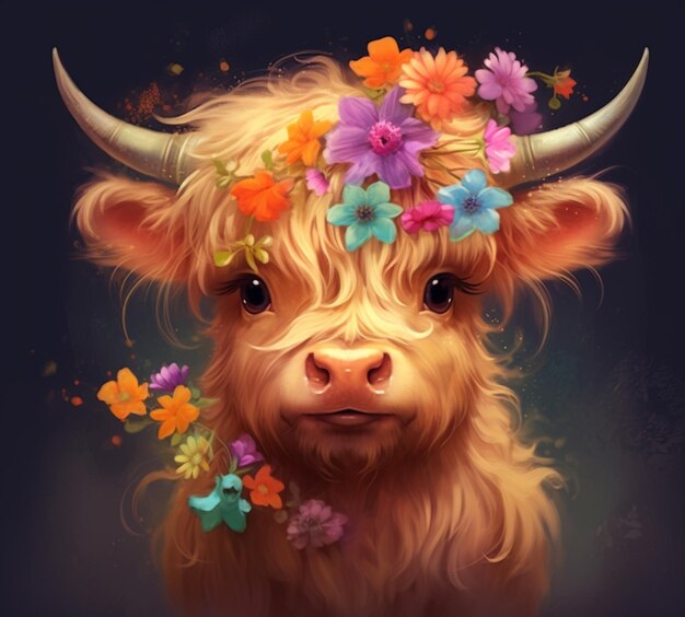 C'è una mucca con una corona di fiori sulla testa generativa ai