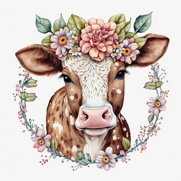 C'è una mucca con una corona di fiori sulla testa generativa ai