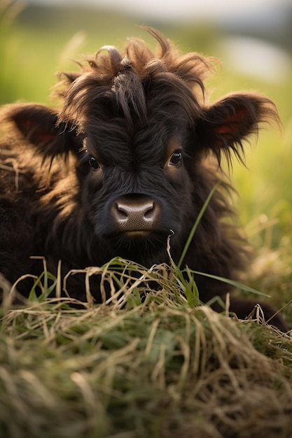 c'è una mucca marrone sdraiata nell'erba con un grosso naso generativo ai