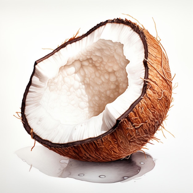 c'è una noce di cocco mangiata a metà su una superficie bianca generativa ai