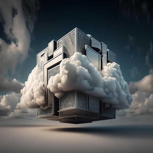 c'è una nuvola che fluttua nell'aria con un edificio in cima ai generativo