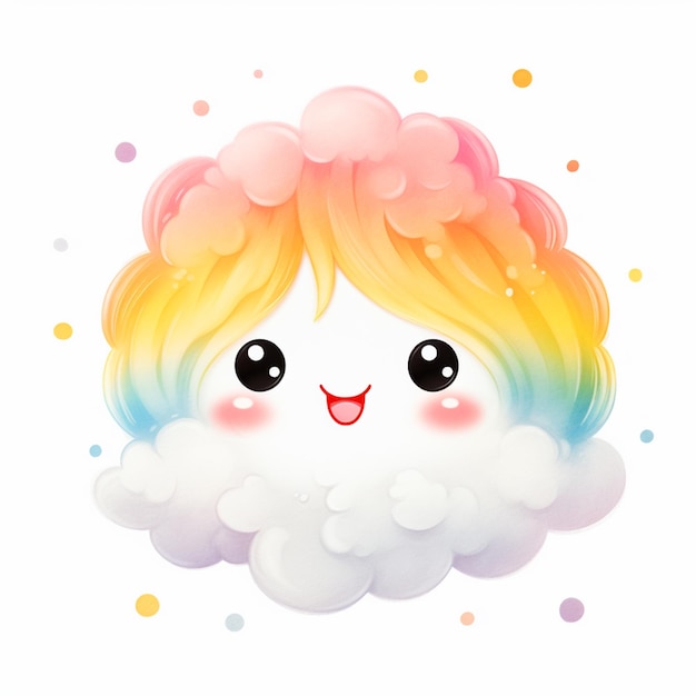 c'è una nuvola di cartone animato con i capelli color arcobaleno e una nuvola con un sorriso ai generativo