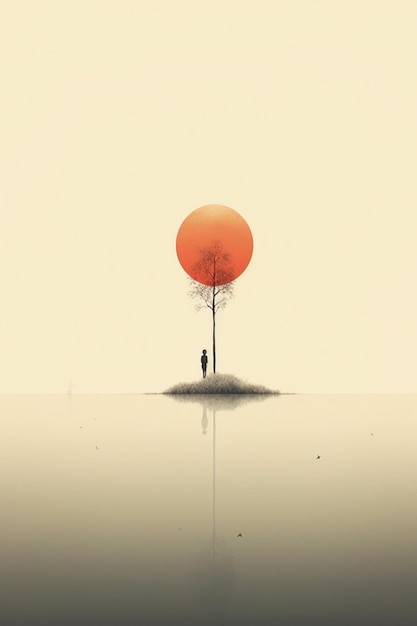 C'è una persona in piedi sotto un albero con un palloncino rosso generativo ai
