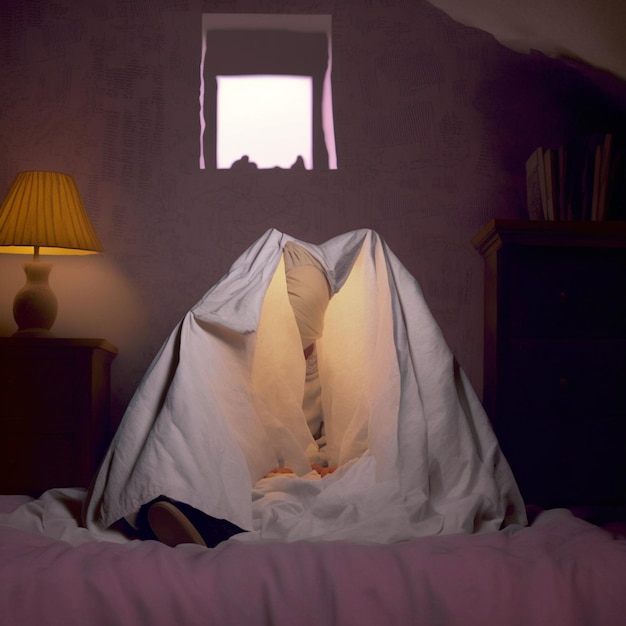 C'è una persona sdraiata a letto sotto una coperta sotto una finestra generativa ai