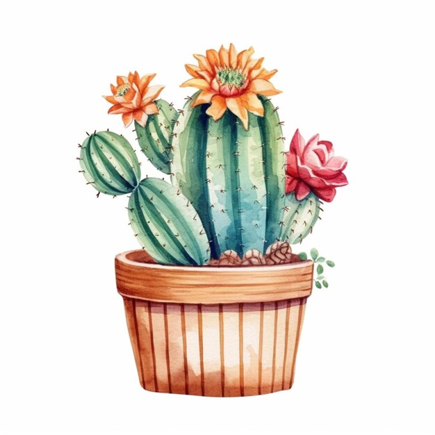 C'è una pianta di cactus con fiori in un vaso generativo ai