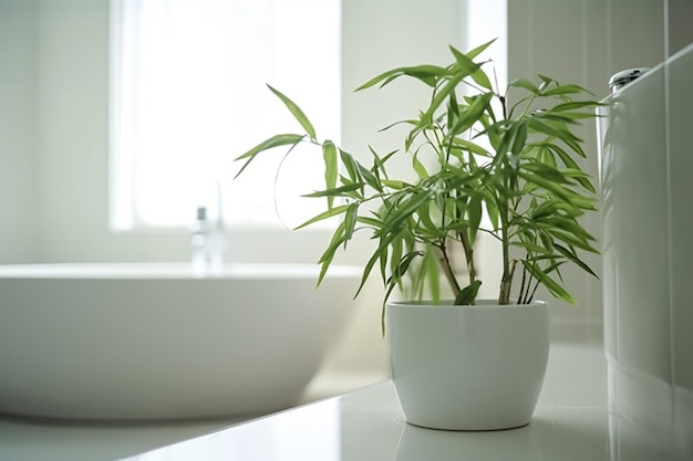 c'è una pianta in un vaso sul bancone del bagno ai