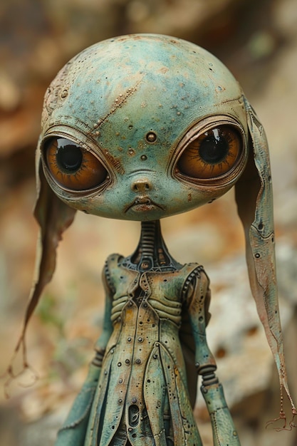 C'è una piccola bambola aliena con occhi grandi e un naso lungo generativo ai