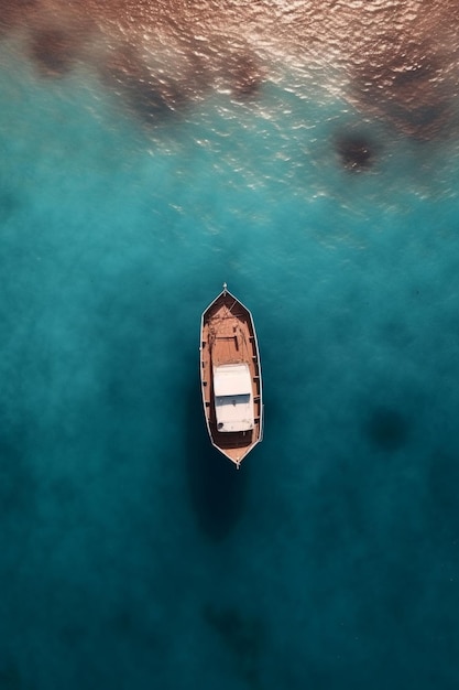 C'è una piccola barca che galleggia in mezzo all'oceano generativo ai