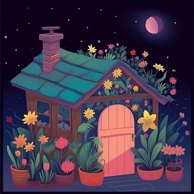 C'è una piccola casa con una porta e un vaso di fiori generativo ai