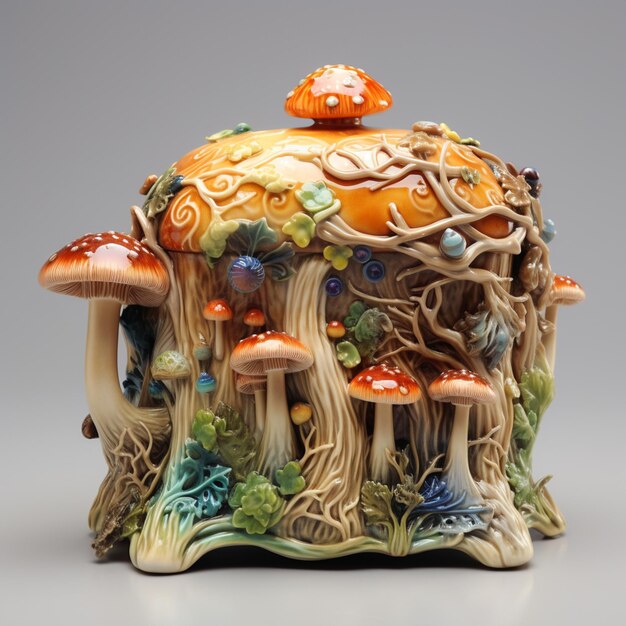 c'è una piccola casa di funghi in ceramica con un albero in cima generativa ai