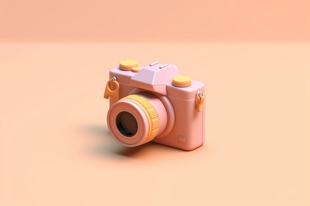 C'è una piccola macchina fotografica rosa con una lente gialla su una superficie rosa generativa ai