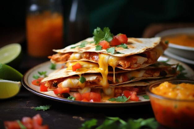 C'è una pila di quesadilla con la salsa sopra.