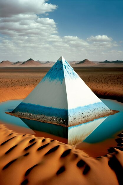 c'è una piramide nel mezzo di un deserto con uno specchio d'acqua generativo ai