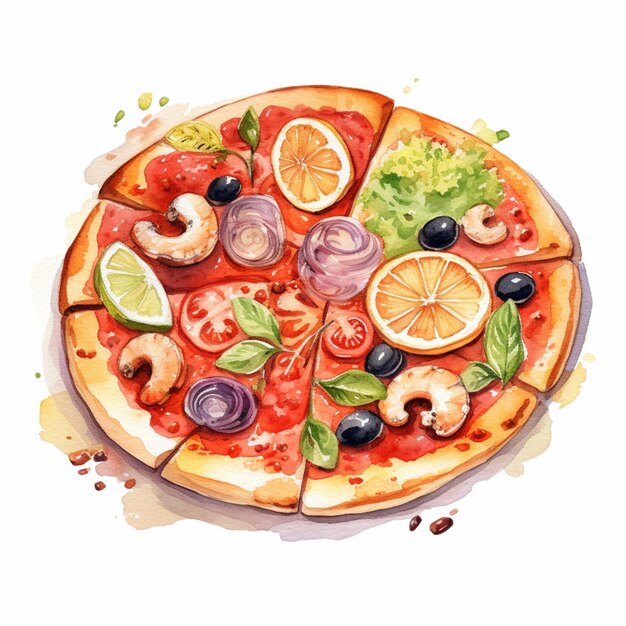 c'è una pizza con diversi condimenti su di essa su un piatto generativo ai