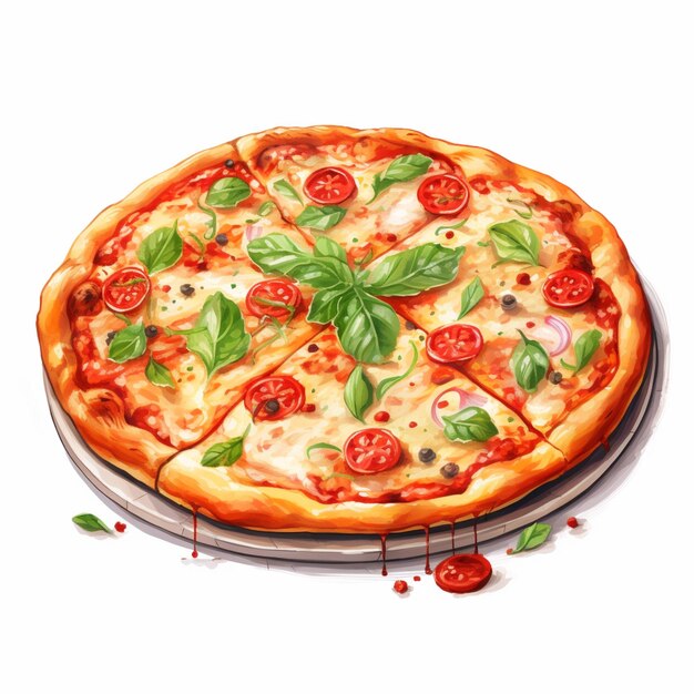C'è una pizza con pomodori e basilico su un piatto generativo ai