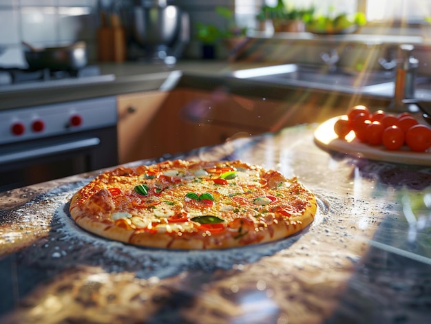 C'è una pizza su un bancone con pomodori e peperoni generativi ai