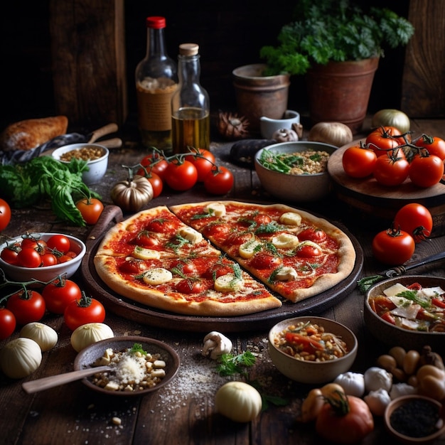 c'è una pizza su un tavolo con tanti tipi diversi di cibo generativo ai