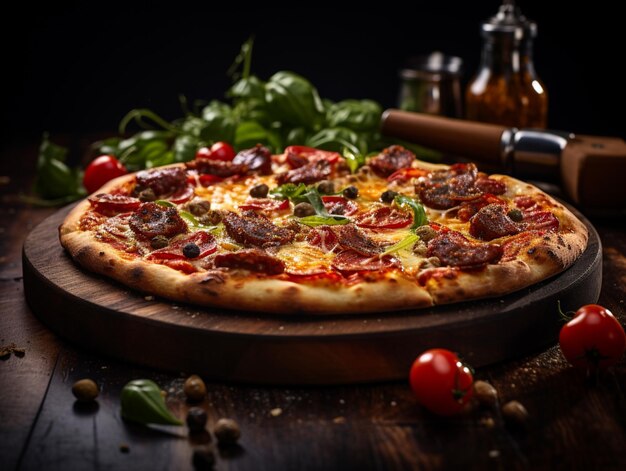 C'è una pizza su una tavola di legno con pomodori e basilico generativo ai