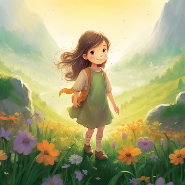 C'è una ragazza che cammina in un campo di fiori generativa ai