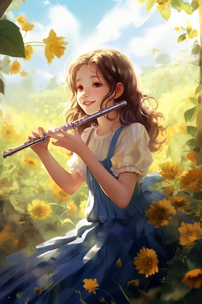 c'è una ragazza che suona un flauto nell'erba generativa ai