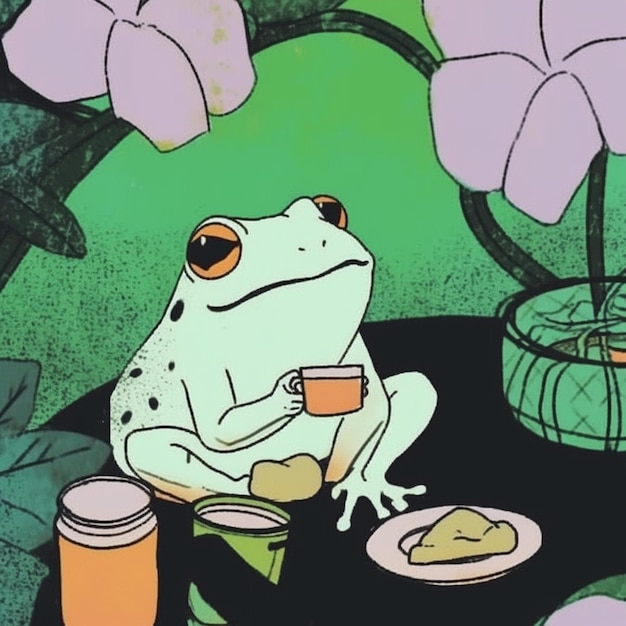 C'è una rana seduta su un tavolo con una tazza di caffè generativa ai.