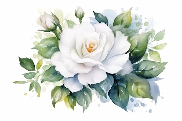 c'è una rosa bianca con foglie verdi su uno sfondo bianco generativo ai