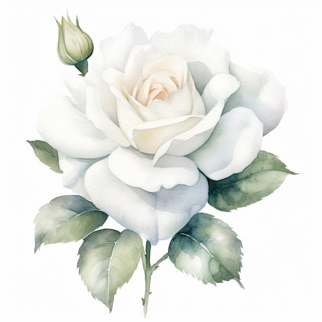 C'è una rosa bianca con foglie verdi su uno sfondo bianco generativo ai