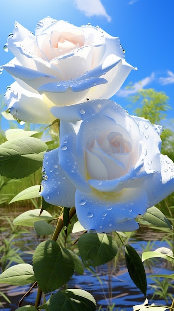 C'è una rosa bianca con gocce d'acqua su di essa generativa ai
