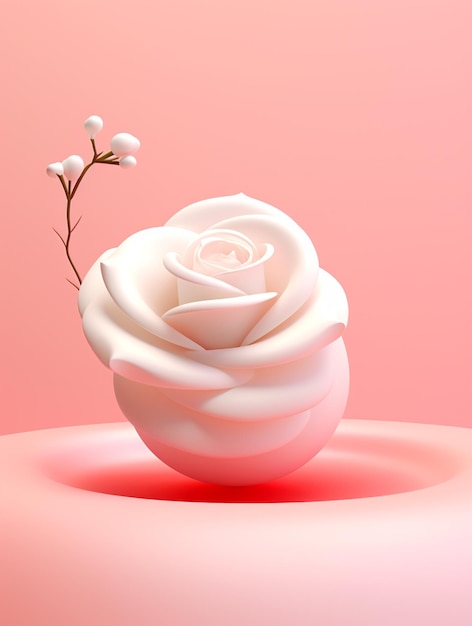 C'è una rosa bianca in un vaso bianco su una superficie rosa generativa ai