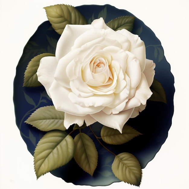 C'è una rosa bianca su un piatto blu con foglie verdi generative ai