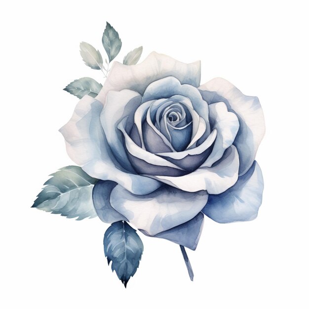 c'è una rosa blu con foglie su uno sfondo bianco generativo ai