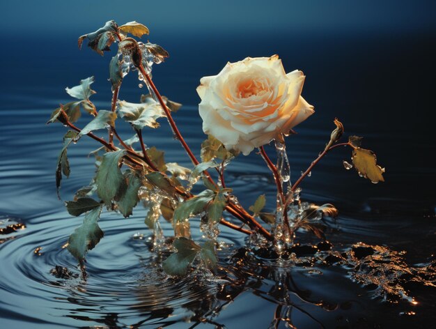 C'è una rosa che è nell'acqua con foglie generative ai