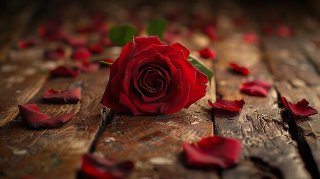 c'è una rosa che è su un tavolo di legno con petali generativi ai