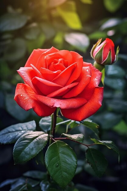 c'è una rosa rossa che sta sbocciando nel giardino generativo ai