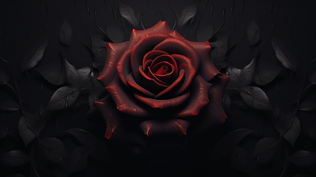 c'è una rosa rossa con foglie su uno sfondo nero ai generativo